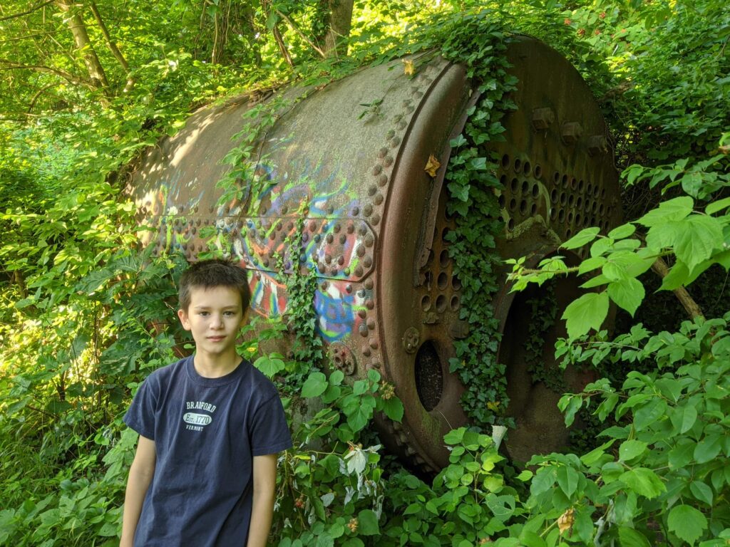 An old steam boiler from a mining operation at the base of the bluffs along Potomac Overlook Park.