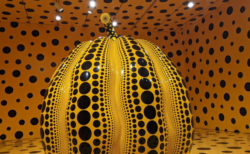 Large spotted pumpkin from Yayoi Kusama's One with Eternity exhibit at the Hirshhorn.